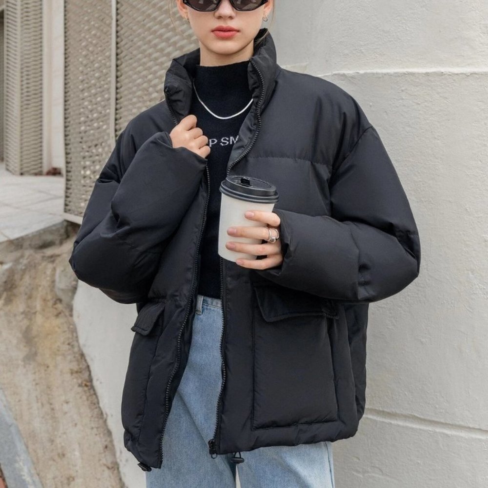 Contemporary Zip up Drawstring Hem Flap Pocket Puffer Coat Comfy fall winter - Picture 7 of 11